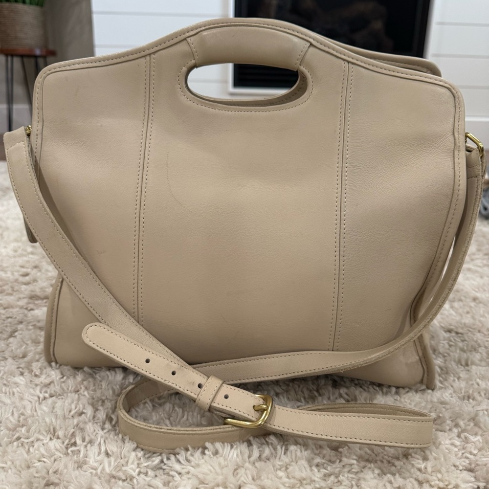 Beige Leather Top-Handle Crossbody Bag